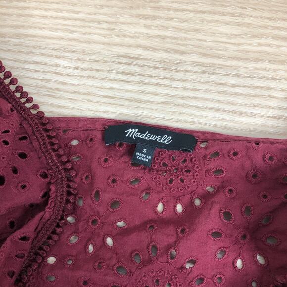 Madewell eyelet pom-pom long sleeve blouse burgundy button ruffle small - Picture 5 of 5